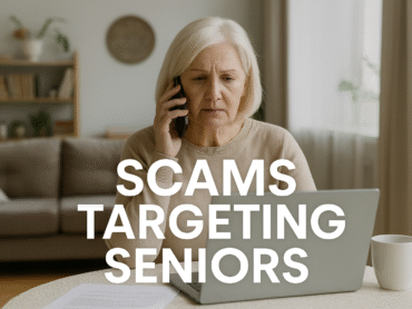 Older woman looking concerned while on the phone in her living room, laptop open in front of her, highlighting scams targeting seniors in Southwest Florida.