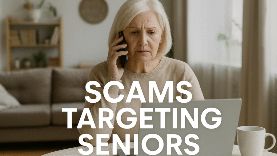 Older woman looking concerned while on the phone in her living room, laptop open in front of her, highlighting scams targeting seniors in Southwest Florida.
