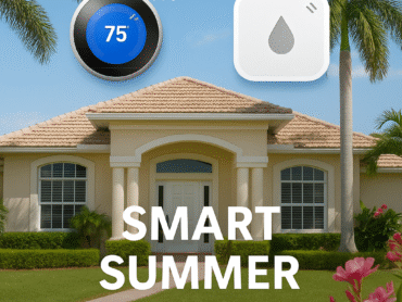 Front view of a Florida home with palm trees, smart thermostat and leak sensor icons, and overlay text reading “Smart Summer Home Tips 2025”