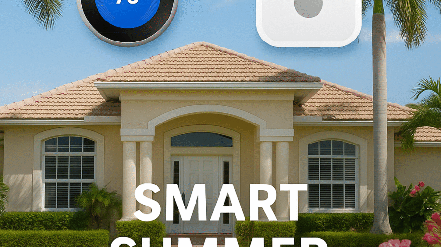 Front view of a Florida home with palm trees, smart thermostat and leak sensor icons, and overlay text reading “Smart Summer Home Tips 2025”